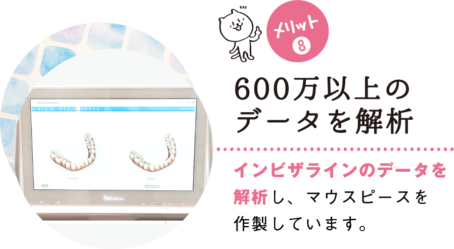 メリット(8) 500万以上のデータを解析 インビザラインのデータを解析し、マウスピースを作製しています。