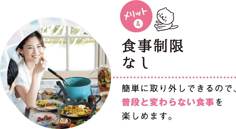 メリット(4) 食事制限なし 簡単に取り外しできるので、普段と変わらない食事を楽しめます。