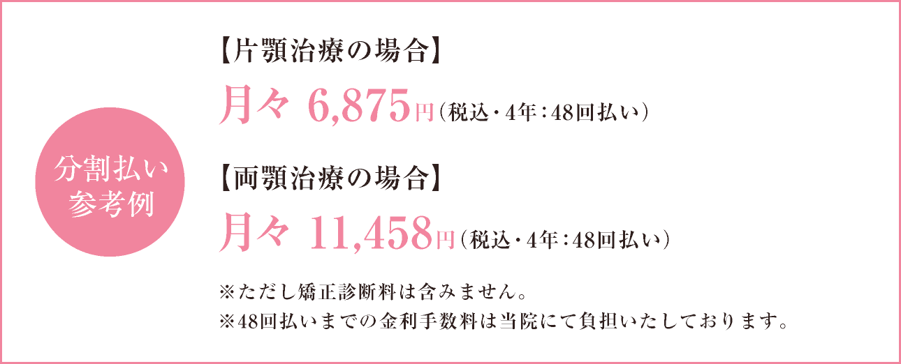 分割払い参考例【片顎治療の場合】月々 約6,875円【両顎治療の場合】月々 約11,458円 （税込・４年：４８回払い／年利４．０％）※ただし矯正診断料は含みません。